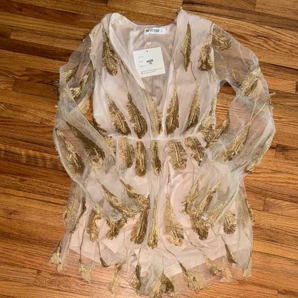 Reverse Gold and Cream Feather Jumpsuit - Picture 1 of 3